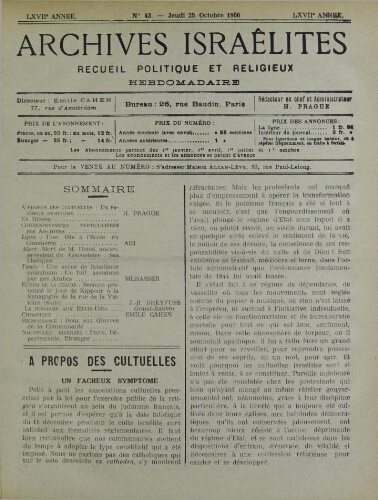 Archives israélites de France. Vol.67 N°43 (25 oct. 1906)
